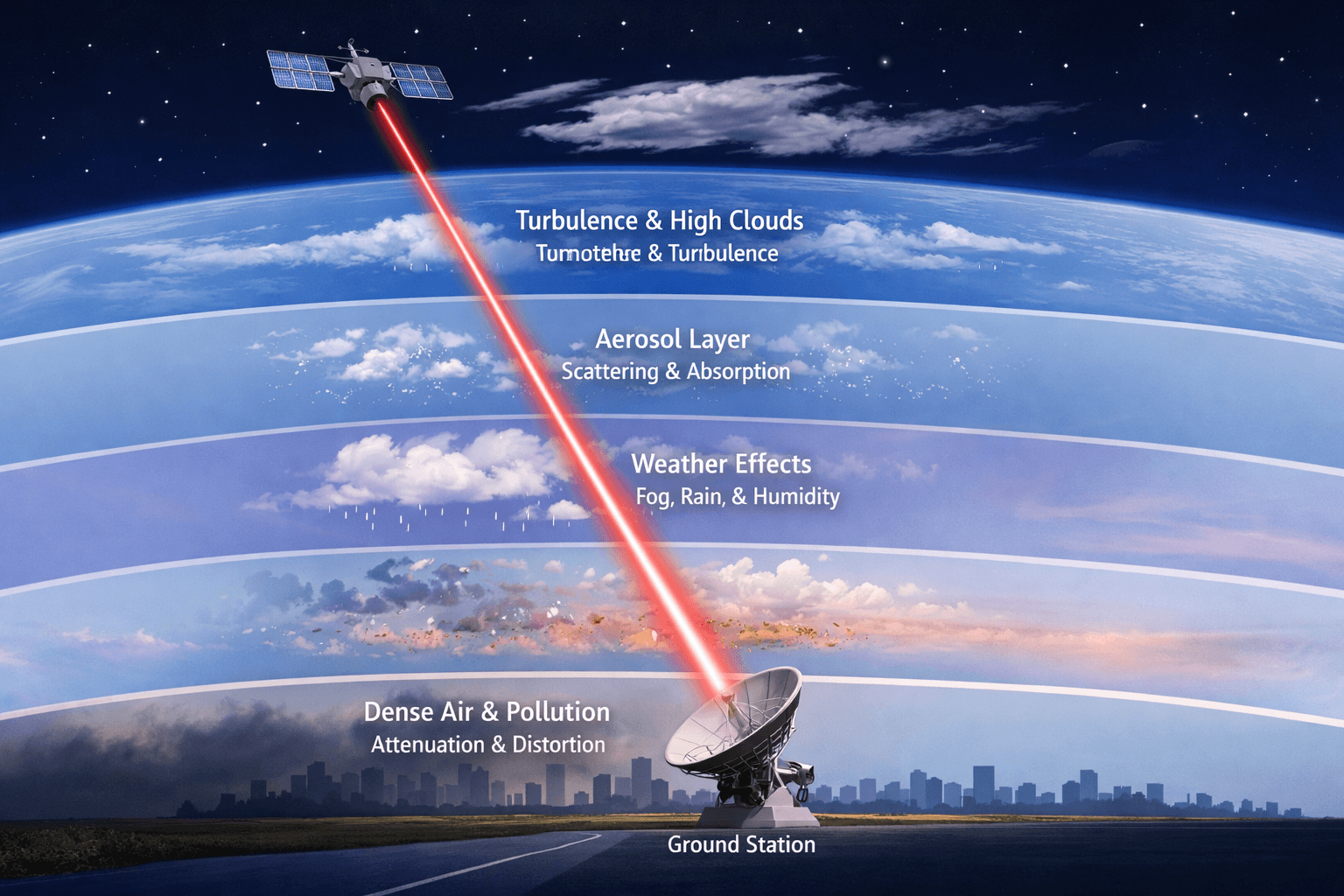Satellite-to-ground optical signal passing through atmospheric layers